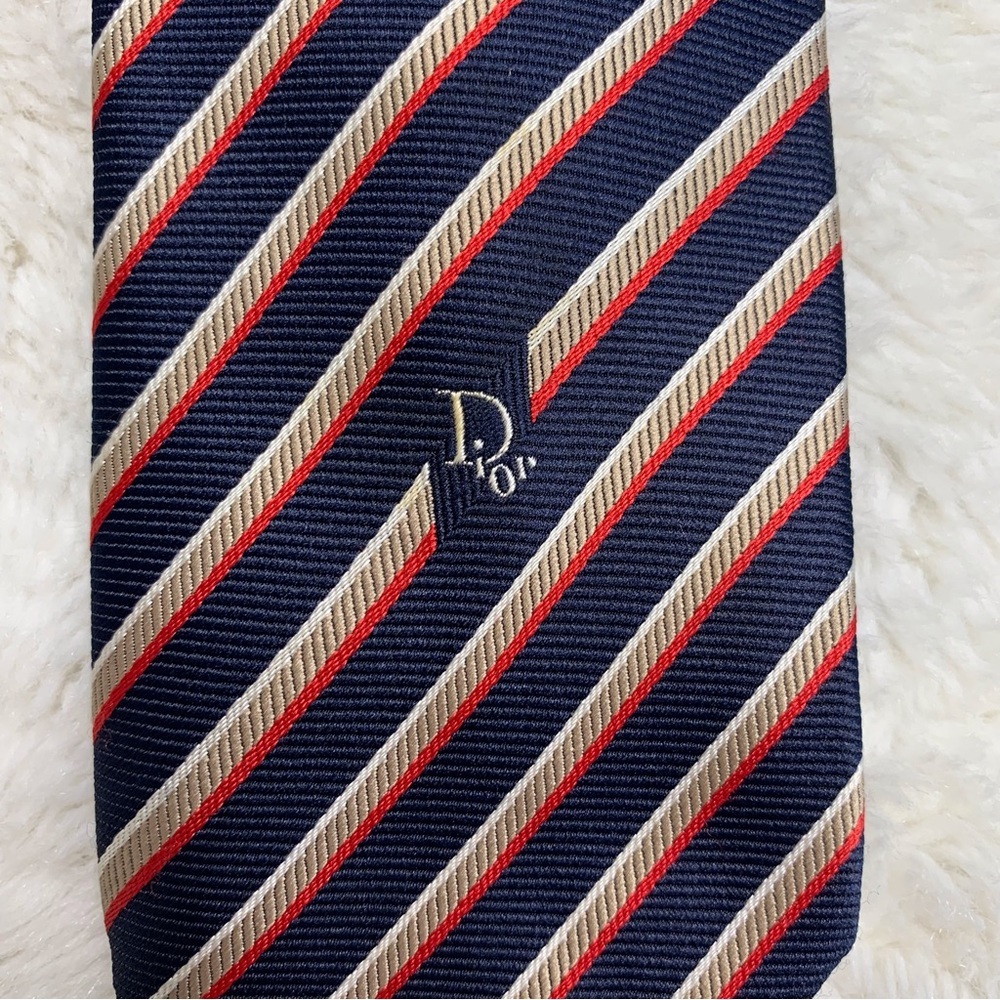 Vintage Christian Dior Logo Men’s 100% Silk Striped Blue Tan Tie - Picture 4 of 6